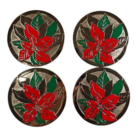 Set Of 4 Vintage Japan Brass Enamel Poinsettia Coasters 4" Velvet Back Christmas - Picture 1 of 7
